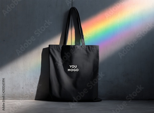 Blank black tote bag hanging on wall with rainbow light reflection. Minimalist unbranded shopping bag mockup for branding and retail design.