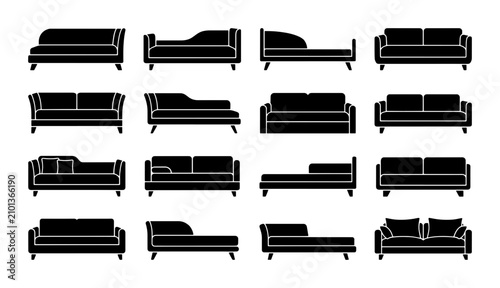 Cuadro en lienzo Modern Sofa and Chaise Lounge Vector Icons Set, Minimalist Furniture Silhouettes