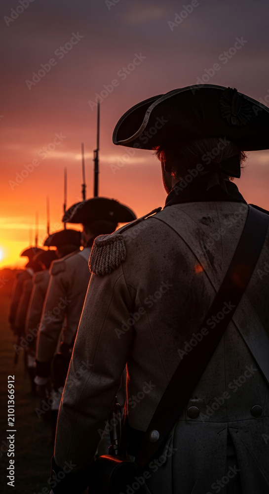 Fototapeta premium Soldiers in historical uniforms stand in formation against a vibrant sunset, symbolizing history, military, and sacrifice
