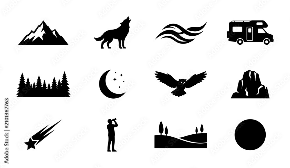 Fototapeta premium Nature and Outdoor Adventure Icons: Mountain, Wolf, Waves, RV, Forest, Moon, Owl, Rocks, Meteor, Stargazer, Landscape, Celestial Body Vector Set
