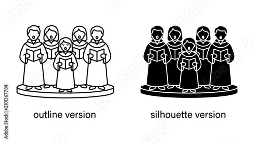 Schilderij op canvas Choir of Singers: A group of singers, presented in both outline and silhouette versions, performing with books in hand, symbolizing harmony and collective voice