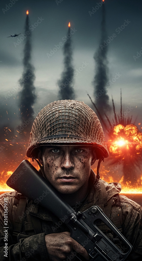 Fototapeta premium Close-up portrait of a determined soldier, face grimy, holding a rifle amid explosions and smoke, symbolizing conflict, courage, and wartime