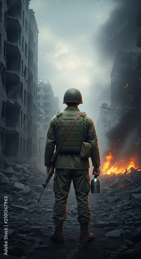 Fototapeta premium Soldier in uniform standing amidst a destroyed city with fires burning, symbolizing conflict, resilience, and the aftermath of war
