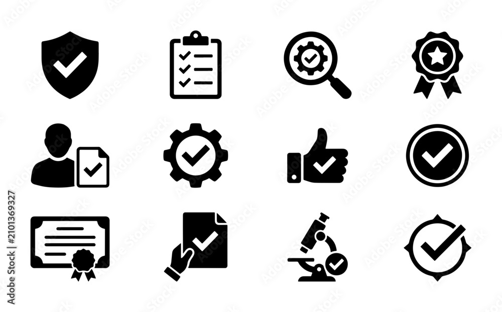 Obraz premium Quality Assurance Icons Set, Verification Symbols Vector Collection, Approved Checklist & Certificate Graphics, Business Success & Compliance Icons