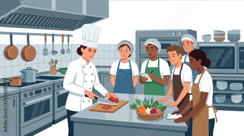 Professional chef demonstrating knife skills to diverse culinary students in a modern kitchen setting.