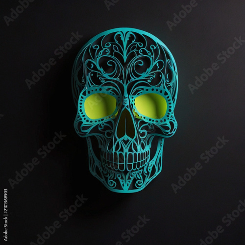 Intricate turquoise paper cut decorative skull on black background – modern Halloween illustration, AI generated