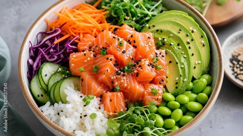 A colorful salmon poke bowl with avocado, rice, edamame, cucumber, cabbage, carrots, seaweed and sesame, suited for healthy menu advertising.