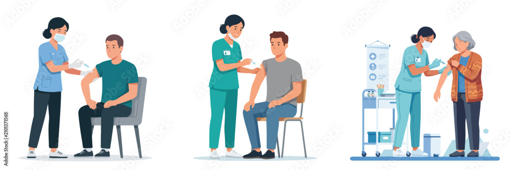Fototapeta premium Nurses vaccinating patients, giving flu shot and coronavirus vaccine to diverse people in flat vector illustration style