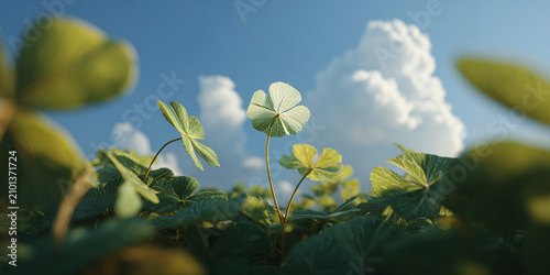A delicate four-leaf clover stands tall amidst a field of green clover under a bright blue sky with fluffy white clouds. The image evokes a sense of hope, luck, and natural beauty.
