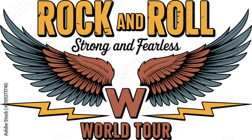 Vintage rock and roll t-shirt vector design featuring outstretched wings lightning bolts and music world tour emblem graphic