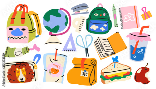 Back to school supplies and stationary set in trendy cartoon style. Cute educational elements, backpack, globe, notebook, scissors, ruler, lunch box, sandwich, apple and juice