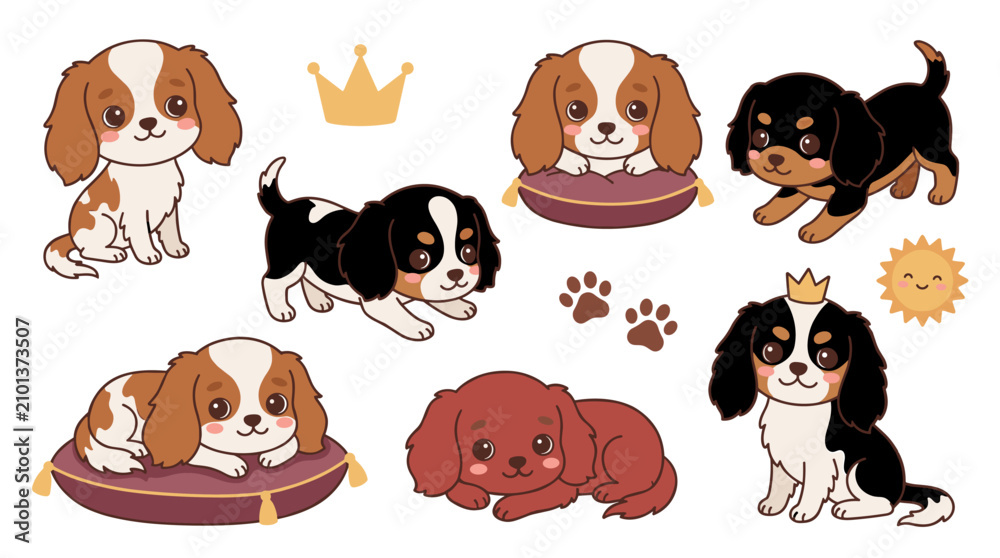 Obraz premium set of cavalier king charles spaniel dogs in various poses with crown and sun, delightful puppy illustrations for pet lover projects