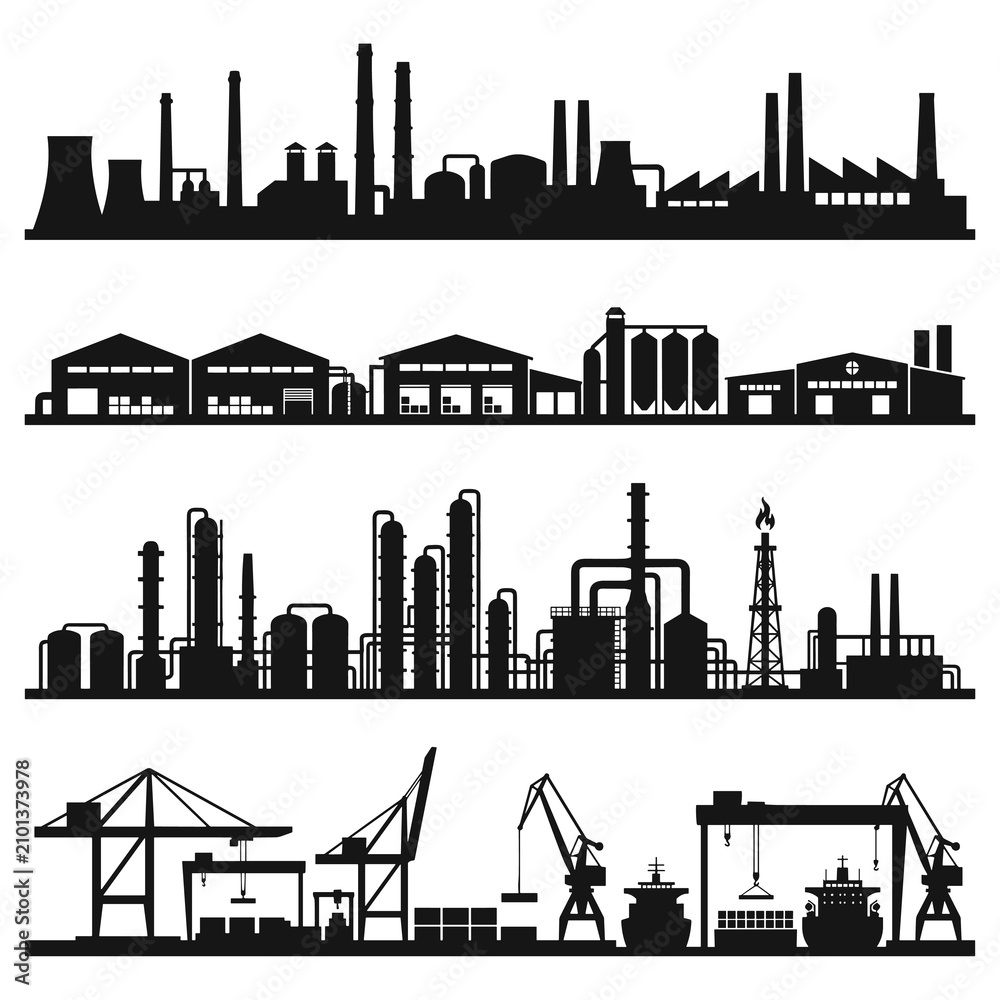 Obraz premium Set of industrial silhouettes featuring manufacturing plants, oil refineries, warehouse buildings, and cargo port machinery, perfect for
