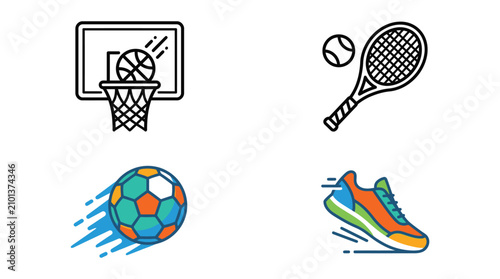 Basketball hoop tennis racket soccer ball and running shoe icons silhouette