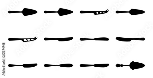 Collection of 12 Cheese Knife Silhouettes, Vector Icons for Culinary Design, Food Service, and Kitchenware Graphics
