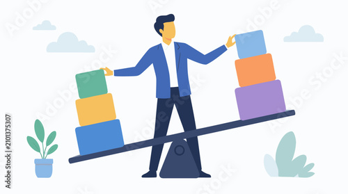 Faceless manager balancing colorful workload blocks on a tilting beam, modern capacity planning metaphor for resource allocation, project prioritization, team bandwidth, and business stability vector
