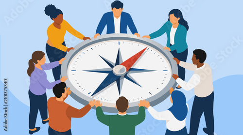 Diverse faceless team rotating a giant compass dial to realign company direction, collaborative flat vector illustration of strategic planning, leadership alignment and shared business vision