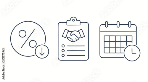 Loan interest, lending contract and payment calendar thin line icon set with editable strokes, percent discount, handshake agreement clipboard and schedule clock for banking fintech vector interface