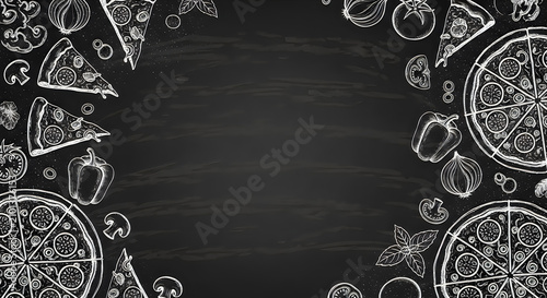 Chalkboard pizza illustration with vegetables and italian ingredients