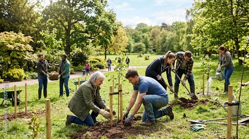 Volunteers plant young trees and water soil in a sunny public park, ideal for campaigns about community service, sustainability, and local environmental action.