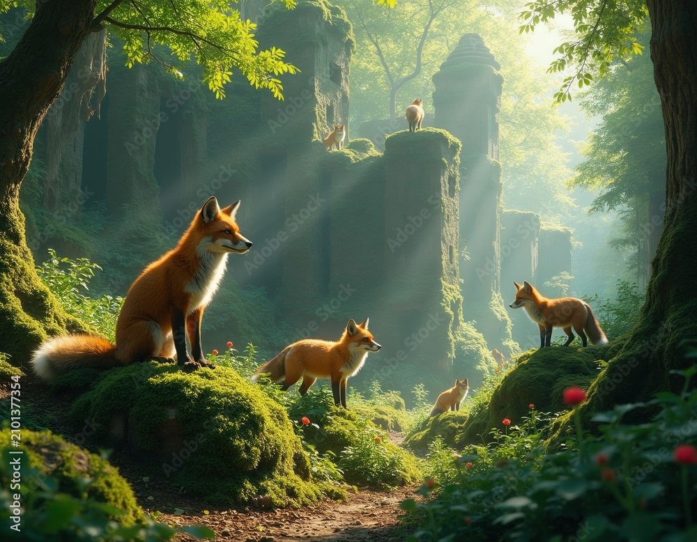 Fototapeta premium Group of wild red foxes stand near mossy ancient stone ruins in green forest. Sunlight beams shine through tree leaves into mysterious woodland landscape. Cute animals explore overgrown historical