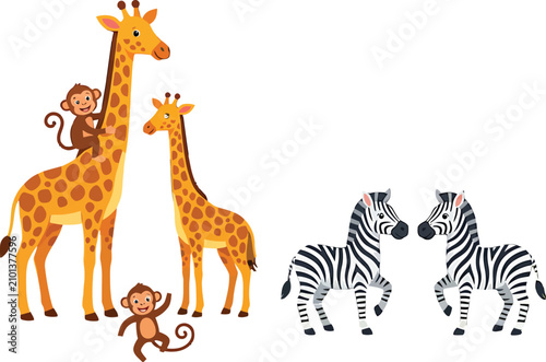 Cute cartoon safari animals including giraffes monkeys and zebras isolated on white background vector illustration set