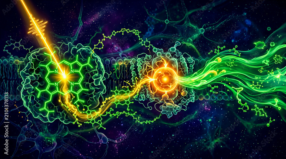 Fototapeta premium Photon gold absorbed green chlorophyll amber reaction centre green energy flow dark, photosynthesis