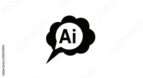 Editorial illustration of a black cloud speech bubble containing AI text representing artificial intelligence concepts