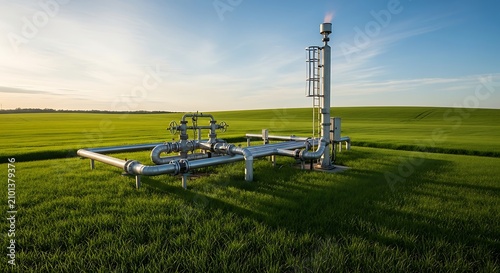 Industrial metal gas pipeline infrastructure situated in a green field