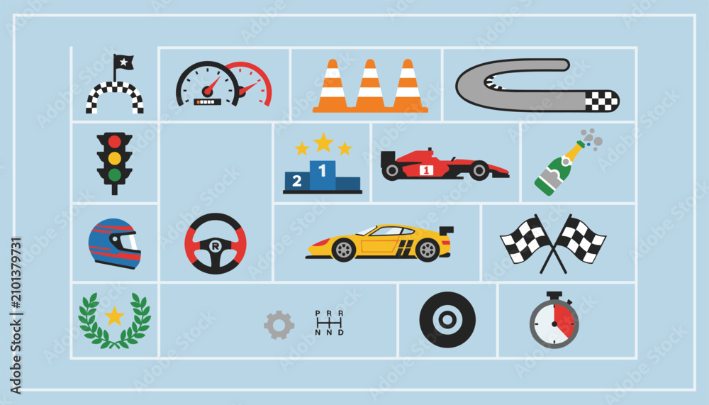 Obraz premium Diverse set of racing icons including speedometers, race cars, helmets, flags, and a trophy on a blue background.