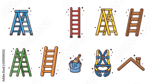 Set of construction icons featuring diverse ladders, paint bucket, safety harness, and roof section for home repair maintenance, building projects