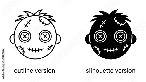 Foto Voodoo Doll Icon: A stylized voodoo doll head presented in both outline and silhouette versions, featuring button eyes and stitched details, ideal for graphic design and thematic content