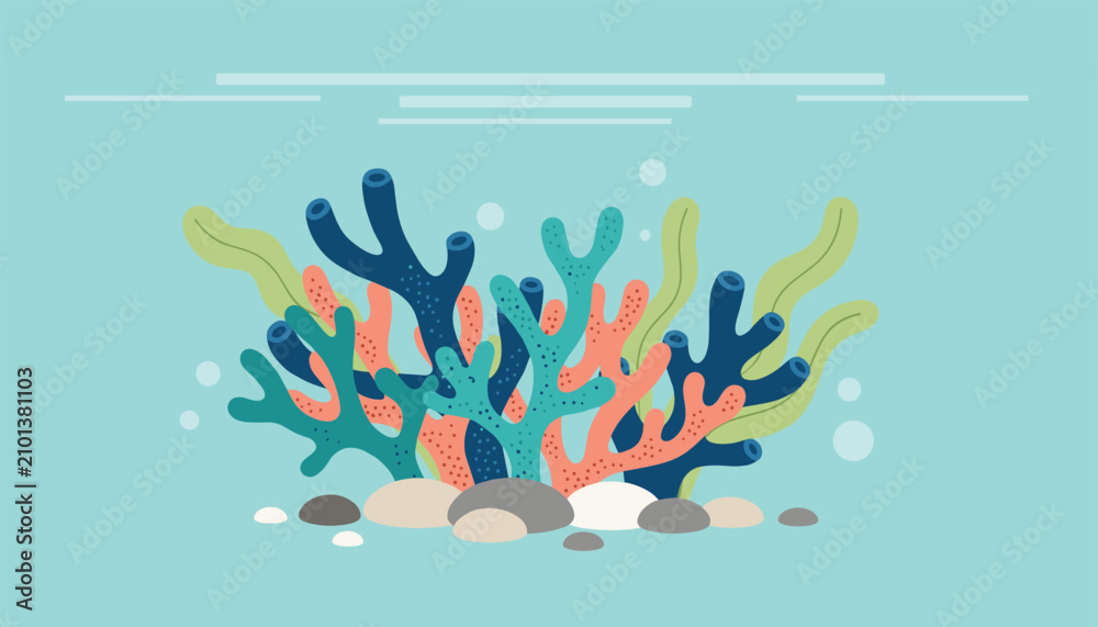 Obraz premium Beautiful underwater coral reef scene with colorful sea plants, tube sponges, and pebbles in crystal clear blue water.