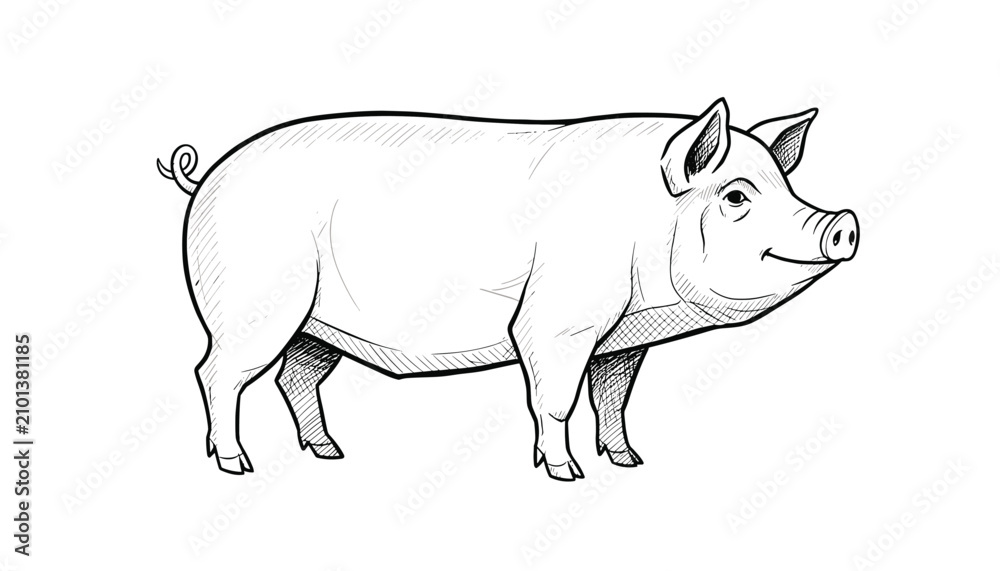 Obraz premium Hand drawn domestic pig illustration in realistic vintage engraving sketch style isolated on white background.