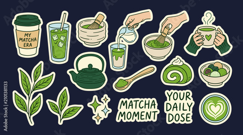 Set of matcha tea preparation icons including whisk, bowls, green tea leaves, and latte drinks, perfect for cafe menu designs or food stickers