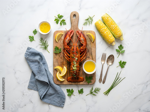 Lobster, corn, and lemon on wooden board, seafood dinner setup