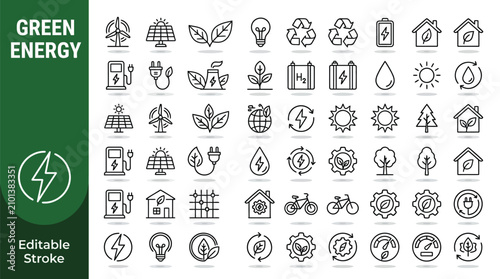 Cuadro en lienzo Vector line icon set of green energy and sustainability concepts, editable strok