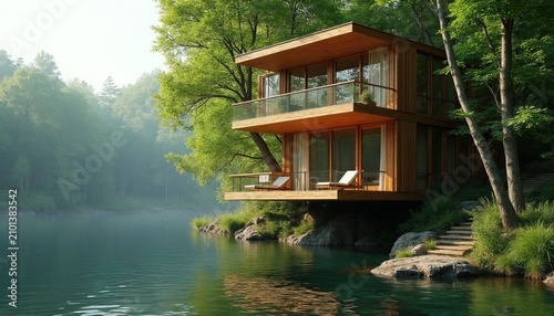 Modern wooden villa stands on lake shore in deep forest. Two level house features glass balconies plus outdoor loungers. Relaxing scenery peaceful lake water surrounding rich green trees. Luxurious