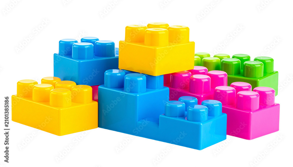 Fototapeta premium A vibrant collection of colourful plastic building blocks stacked and scattered creatively, glossy finish, rounded child-safe edges, isolated on transparent background.