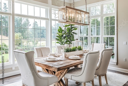 Elegant dining room interior. Modern house with wooden table and chairs