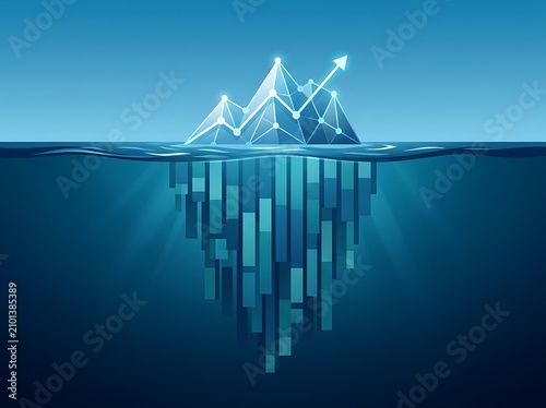 Digital iceberg showing financial growth trends with glowing upward arrows