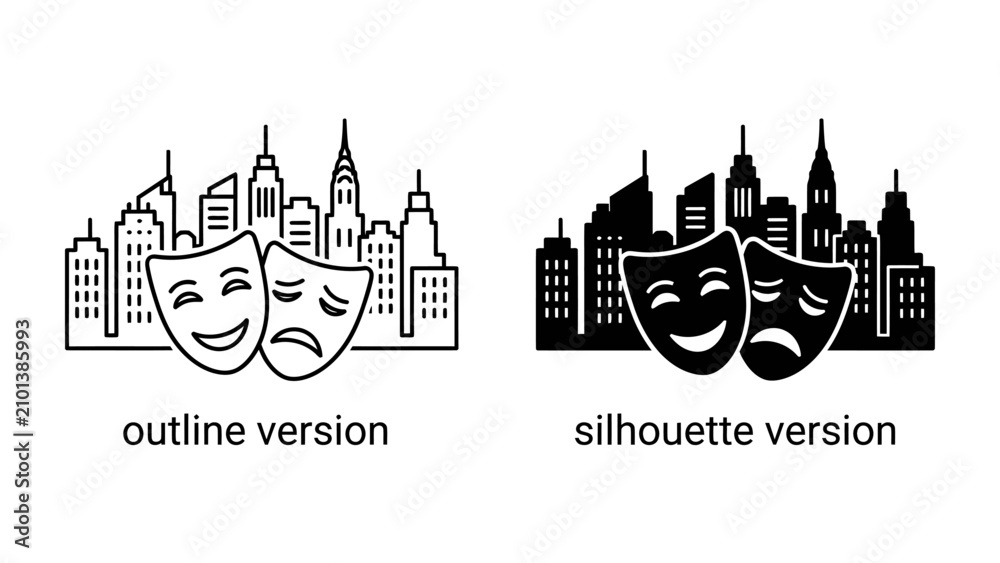 Fototapeta premium City of Emotions: A cityscape featuring stylized buildings is juxtaposed with classic theatre masks representing joy and sorrow, symbolizing the dual nature of urban life and artistic expression.