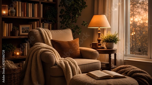 A cozy reading corner with a cushioned armchair, knitted throws, bookshelves, lamp, plants, and sunset window light suits home decor and relaxation promotions.