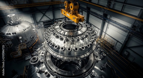 Large metal industrial reactor being lifted by a heavy crane