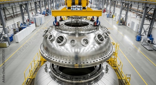 Large industrial metal reactor vessel being lifted by yellow crane