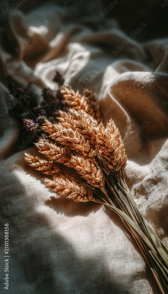Obraz premium Minimalist Harvest Composition Featuring Dried Wheat Bundles On A Textured Neutral Beige Surface