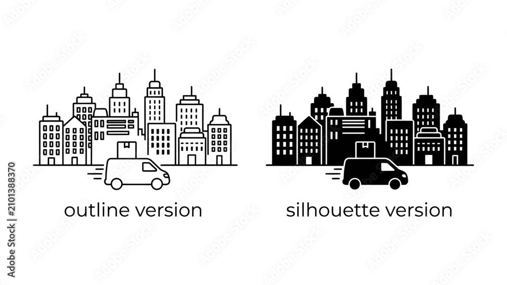Fototapeta premium Delivery Service in Cityscape: A delivery van transports a package through a cityscape, presented in both outline and silhouette versions for versatile design applications.