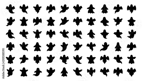 Halloween ghost and spooky spirit icons dancing in celebration. Cute cartoon vector illustrations for festive party decorations and horror-themed d...