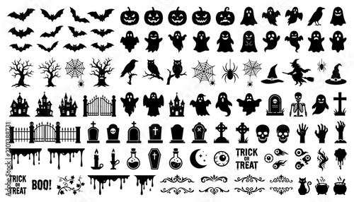 Halloween icons and spooky vector illustrations set. Black line art symbols for trick or treat, decorations, and party invitations.