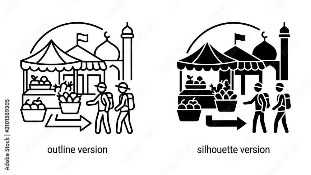 Obraz premium Market Scene: Two distinct depictions, one outline and one silhouette, showcase a bustling marketplace scene with vendor stalls, fruit displays, and a mosque in the background.
